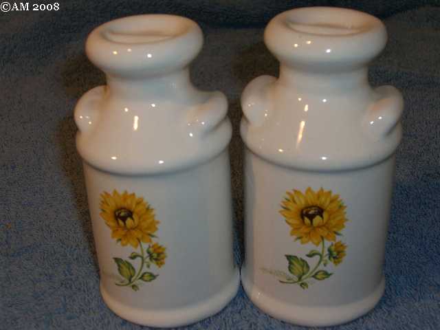 Frankoma Milk Can shakers glazed white with sunflowers